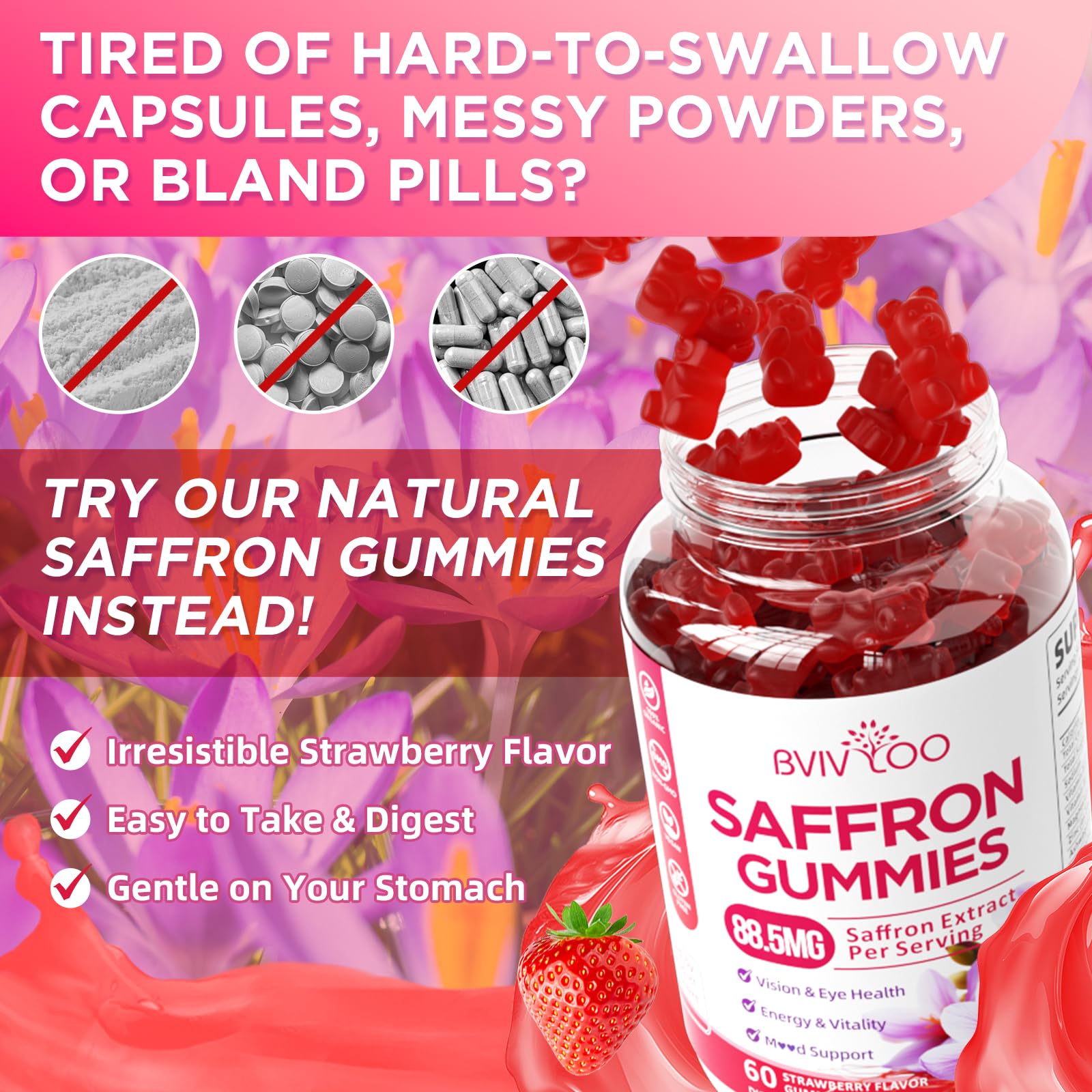 Saffron Gummies for Adult Kids, 10-IN-1 Formula with Saffron 88.5mg, Vitamins D3 & B6, Magnesium, Zinc, Ashwagandha, L-Theanine, St. John's Wort - Supports Mood & Focus, Strawberry Flavor, 60 Count - TrustMedUSA