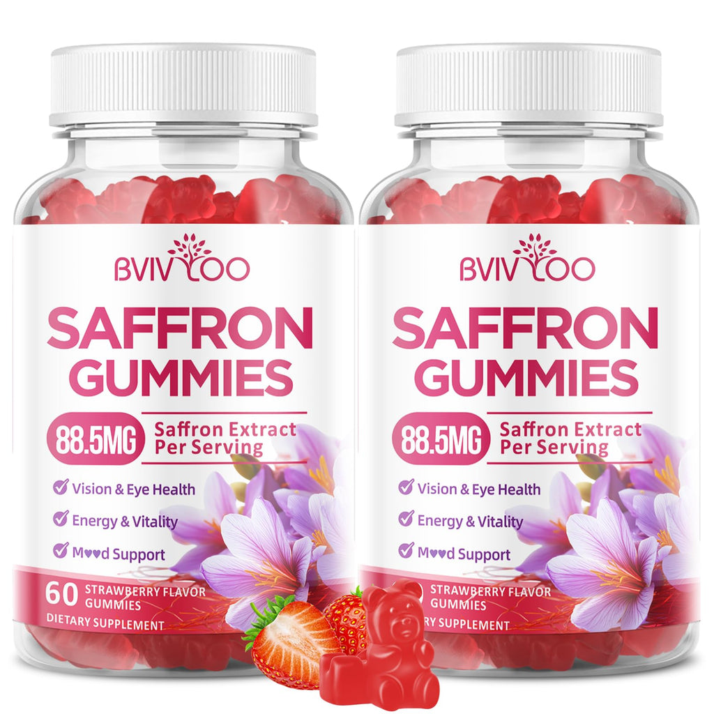 Saffron Gummies for Adult Kids, 10-IN-1 Formula with Saffron 88.5mg, Vitamins D3 & B6, Magnesium, Zinc, Ashwagandha, L-Theanine, St. John's Wort - Supports Mood & Focus, Strawberry Flavor, 60 Count - TrustMedUSA
