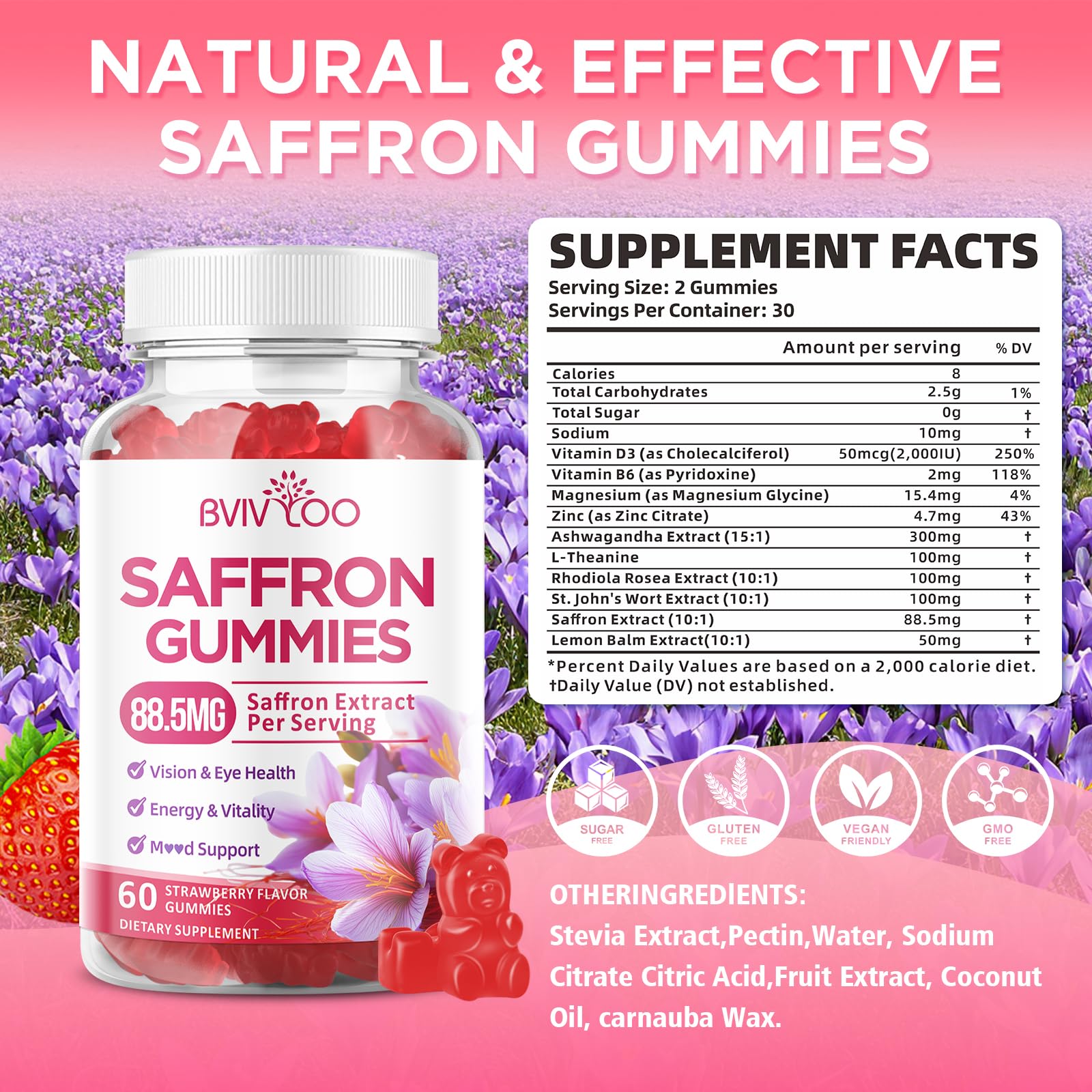 Saffron Gummies for Adult Kids, 10-IN-1 Formula with Saffron 88.5mg, Vitamins D3 & B6, Magnesium, Zinc, Ashwagandha, L-Theanine, St. John's Wort - Supports Mood & Focus, Strawberry Flavor, 60 Count - TrustMedUSA