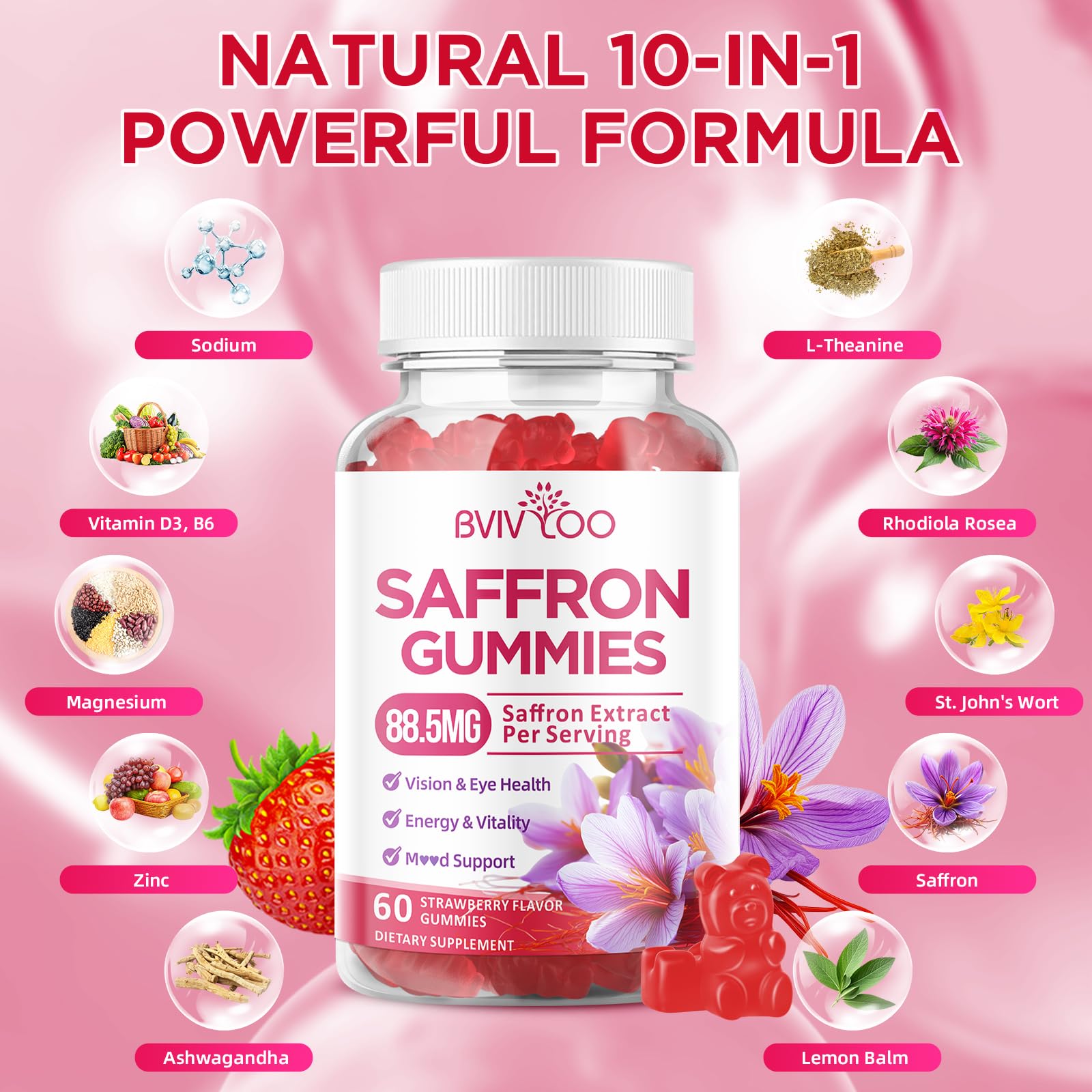 Saffron Gummies for Adult Kids, 10-IN-1 Formula with Saffron 88.5mg, Vitamins D3 & B6, Magnesium, Zinc, Ashwagandha, L-Theanine, St. John's Wort - Supports Mood & Focus, Strawberry Flavor, 60 Count - TrustMedUSA