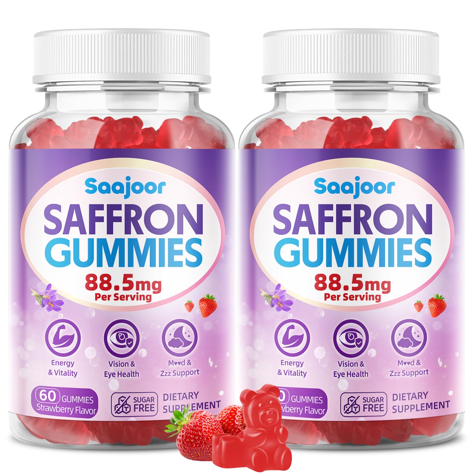 Saffron Gummies for Adult Kids - with Saffron 88.5mg, Vitamins D3 & B6, Magnesium, Zinc, Ashwagandha, L - Theanine, St. John's Wort - Supports Mood & Focus, Strawberry Flavor, 120 Count - TrustMedUSA
