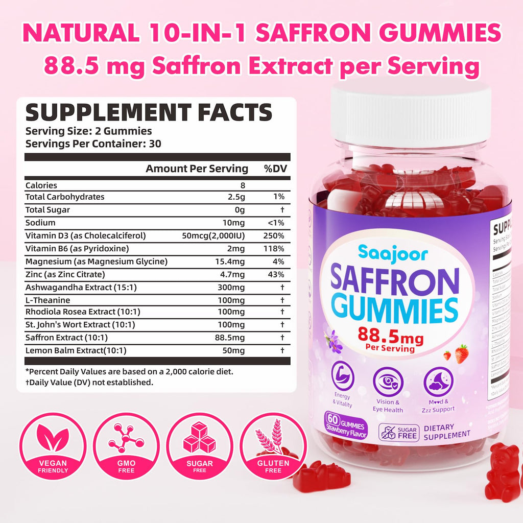 Saffron Gummies for Adult Kids - with Saffron 88.5mg, Vitamins D3 & B6, Magnesium, Zinc, Ashwagandha, L - Theanine, St. John's Wort - Supports Mood & Focus, Strawberry Flavor, 120 Count - TrustMedUSA