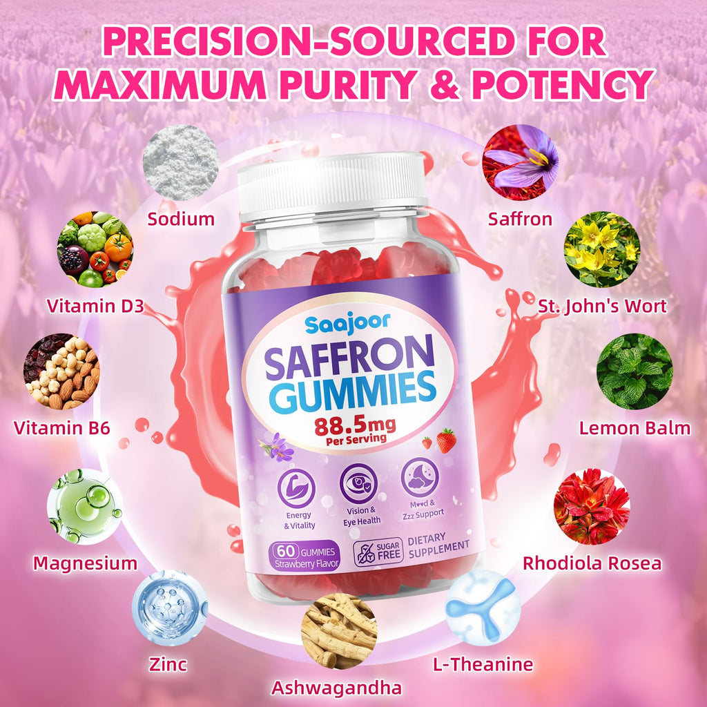 Saffron Gummies for Adult Kids - with Saffron 88.5mg, Vitamins D3 & B6, Magnesium, Zinc, Ashwagandha, L - Theanine, St. John's Wort - Supports Mood & Focus, Strawberry Flavor, 120 Count - TrustMedUSA