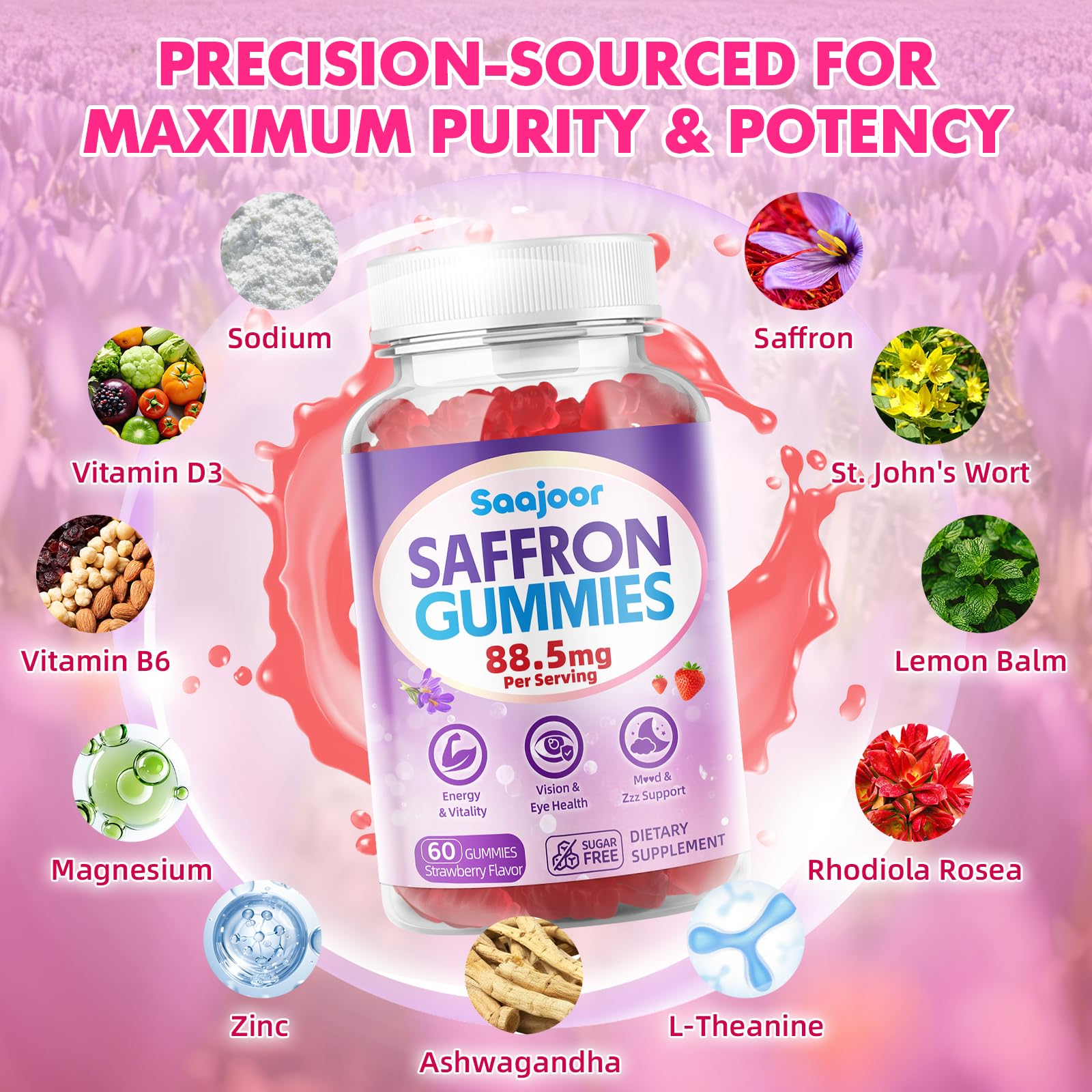 Saffron Gummies for Adult Kids - with Saffron 88.5mg, Vitamins D3 & B6, Magnesium, Zinc, Ashwagandha, L - Theanine, St. John's Wort - Supports Mood & Focus, Strawberry Flavor, 120 Count - TrustMedUSA