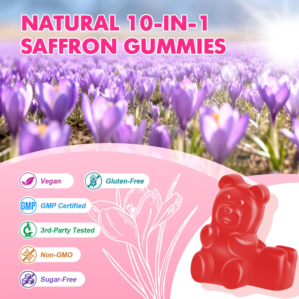 Saffron Gummies for Adult Kids - with Saffron 88.5mg, Vitamins D3 & B6, Magnesium, Zinc, Ashwagandha, L - Theanine, St. John's Wort - Supports Mood & Focus, Strawberry Flavor, 120 Count - TrustMedUSA