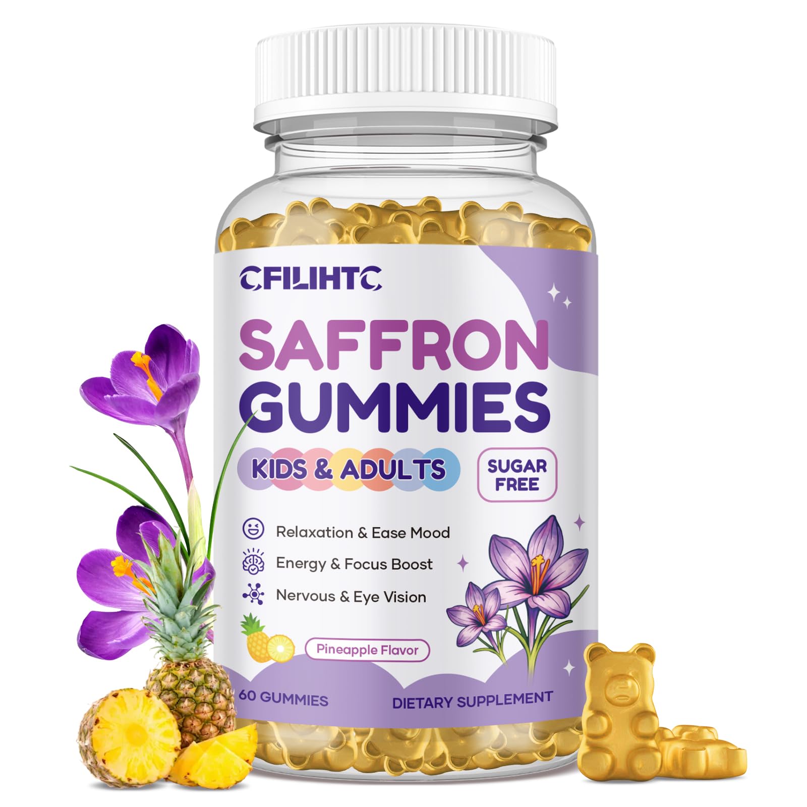 Saffron Gummies for Kids & Adults, 20-in-1 Saffron Supplements with 88.5mg Saffron Extract, B6, B12, C, D3, Magnesium for Calm, Focus, Nerve, Sugar Free, Vegan, Non-GMO - Pineapple Flavor, 60 Counts - TrustMedUSA