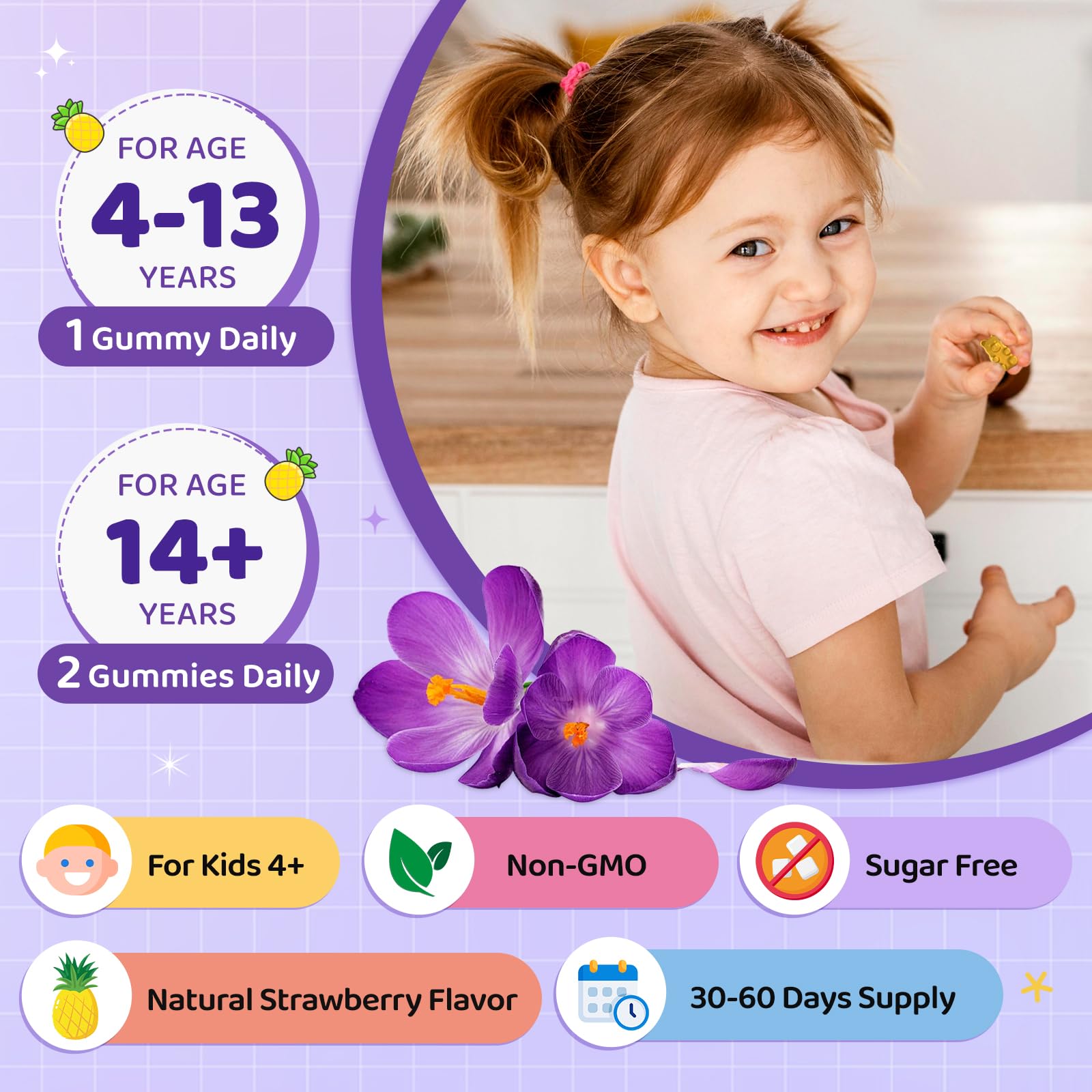 Saffron Gummies for Kids & Adults, 20-in-1 Saffron Supplements with 88.5mg Saffron Extract, B6, B12, C, D3, Magnesium for Calm, Focus, Nerve, Sugar Free, Vegan, Non-GMO - Pineapple Flavor, 60 Counts - TrustMedUSA