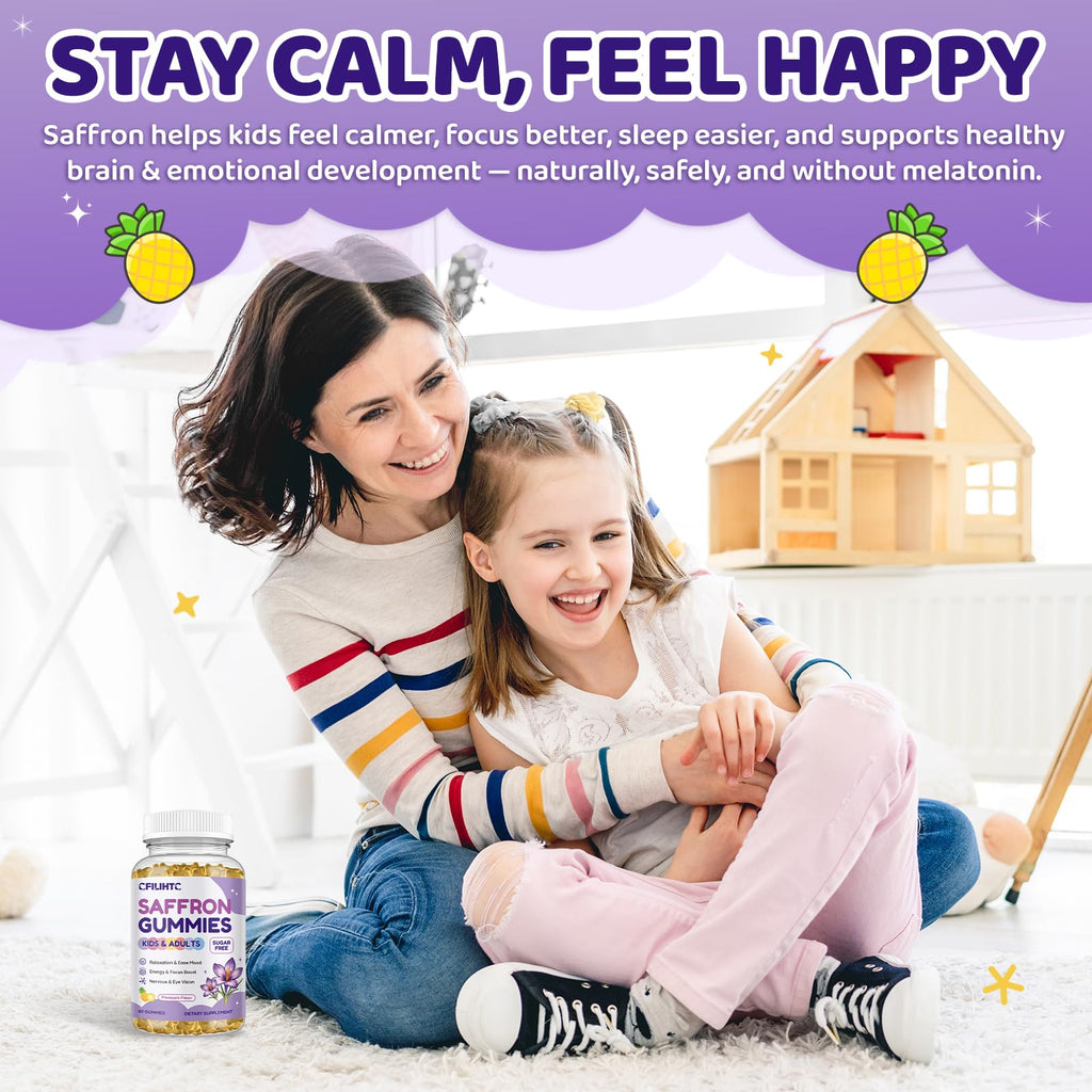 Saffron Gummies for Kids & Adults, 20-in-1 Saffron Supplements with 88.5mg Saffron Extract, B6, B12, C, D3, Magnesium for Calm, Focus, Nerve, Sugar Free, Vegan, Non-GMO - Pineapple Flavor, 60 Counts - TrustMedUSA