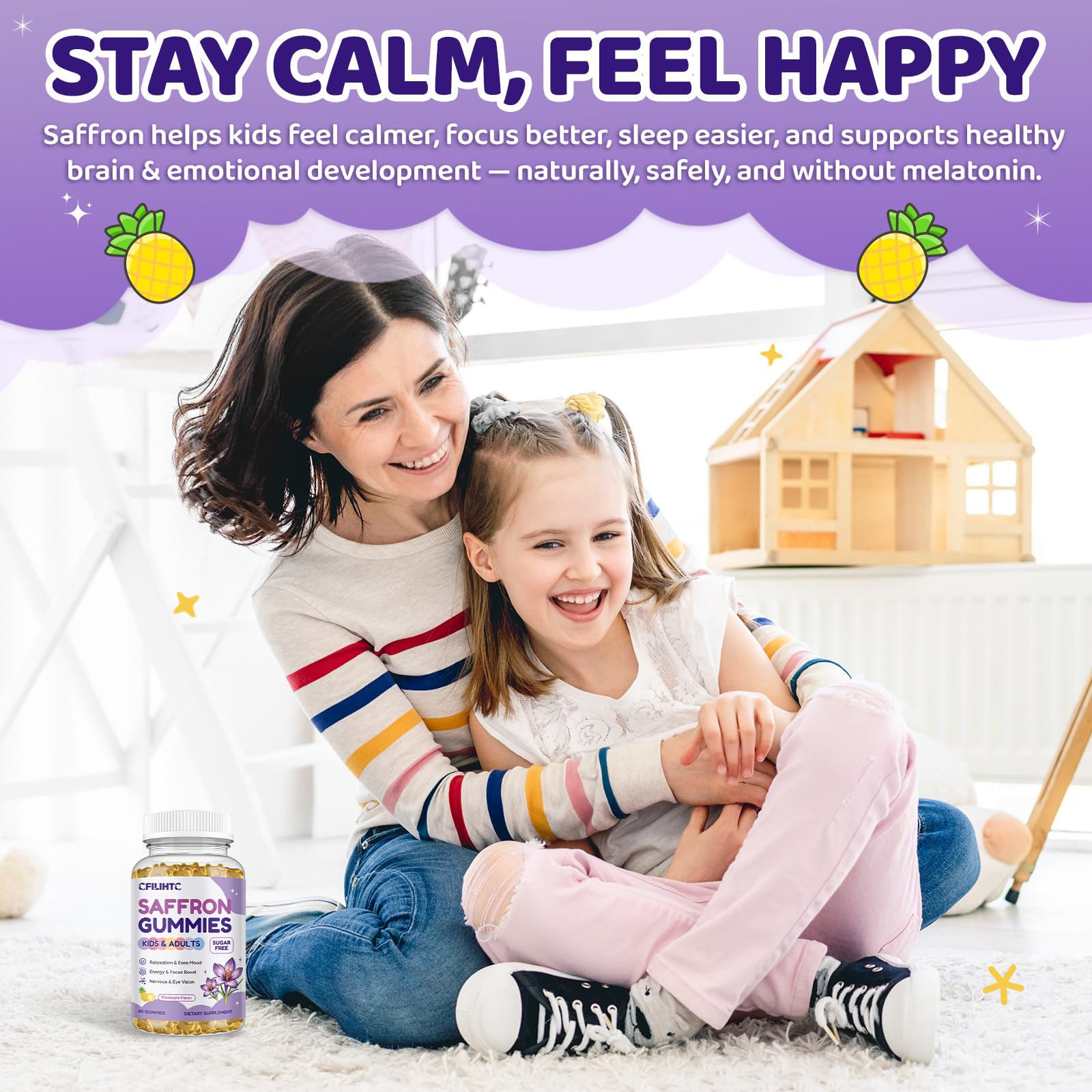 Saffron Gummies for Kids & Adults, 20-in-1 Saffron Supplements with 88.5mg Saffron Extract, B6, B12, C, D3, Magnesium for Calm, Focus, Nerve, Sugar Free, Vegan, Non-GMO - Pineapple Flavor, 60 Counts - TrustMedUSA