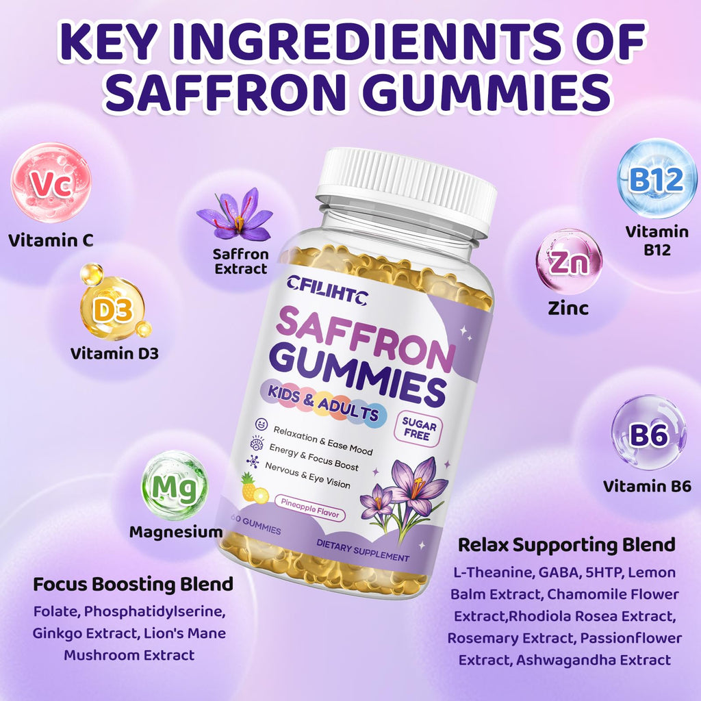Saffron Gummies for Kids & Adults, 20-in-1 Saffron Supplements with 88.5mg Saffron Extract, B6, B12, C, D3, Magnesium for Calm, Focus, Nerve, Sugar Free, Vegan, Non-GMO - Pineapple Flavor, 60 Counts - TrustMedUSA