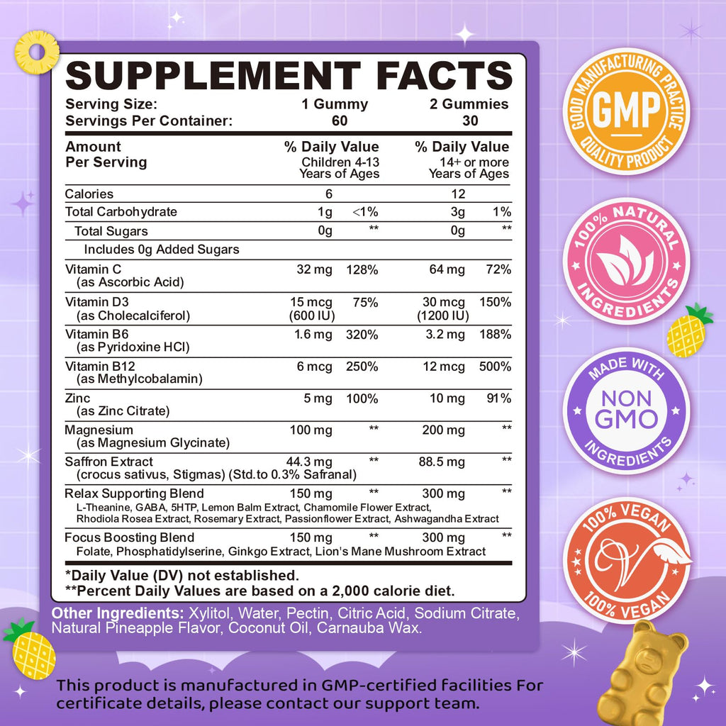Saffron Gummies for Kids & Adults, 20-in-1 Saffron Supplements with 88.5mg Saffron Extract, B6, B12, C, D3, Magnesium for Calm, Focus, Nerve, Sugar Free, Vegan, Non-GMO - Pineapple Flavor, 60 Counts - TrustMedUSA