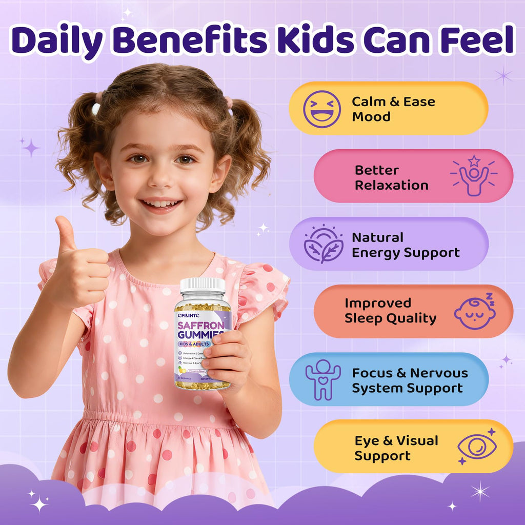 Saffron Gummies for Kids & Adults, 20-in-1 Saffron Supplements with 88.5mg Saffron Extract, B6, B12, C, D3, Magnesium for Calm, Focus, Nerve, Sugar Free, Vegan, Non-GMO - Pineapple Flavor, 60 Counts - TrustMedUSA