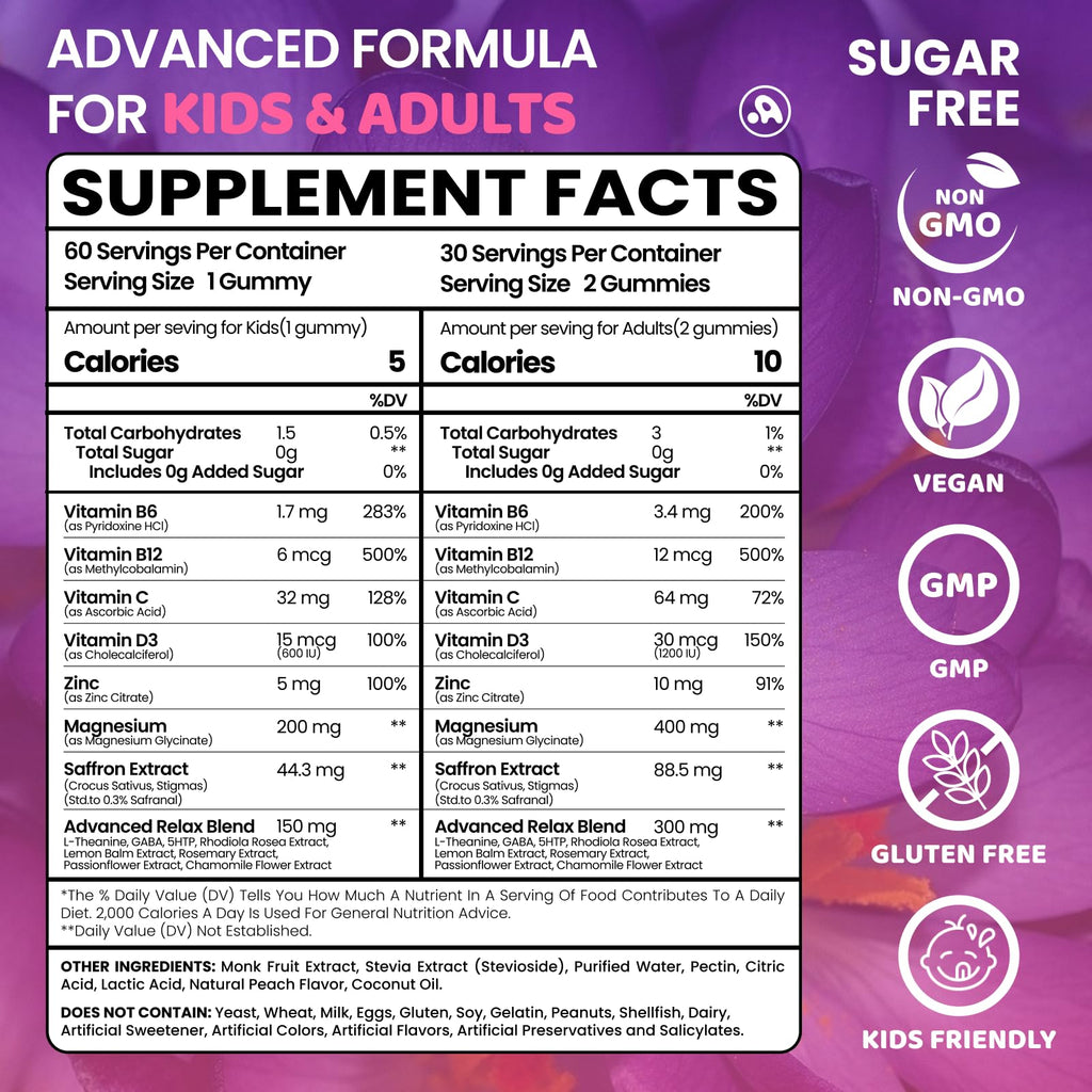 Saffron Gummies for Kids Adults 88.5mg, 15-in-1 Saffron Supplements for Kids, with B6, B12, C, D3, Magnesium Glycinate, Zinc for Nerve, Rest, Focus, Sugar Free, Vegan, Non- GMO, Peach Flavor, 60 Count - TrustMedUSA