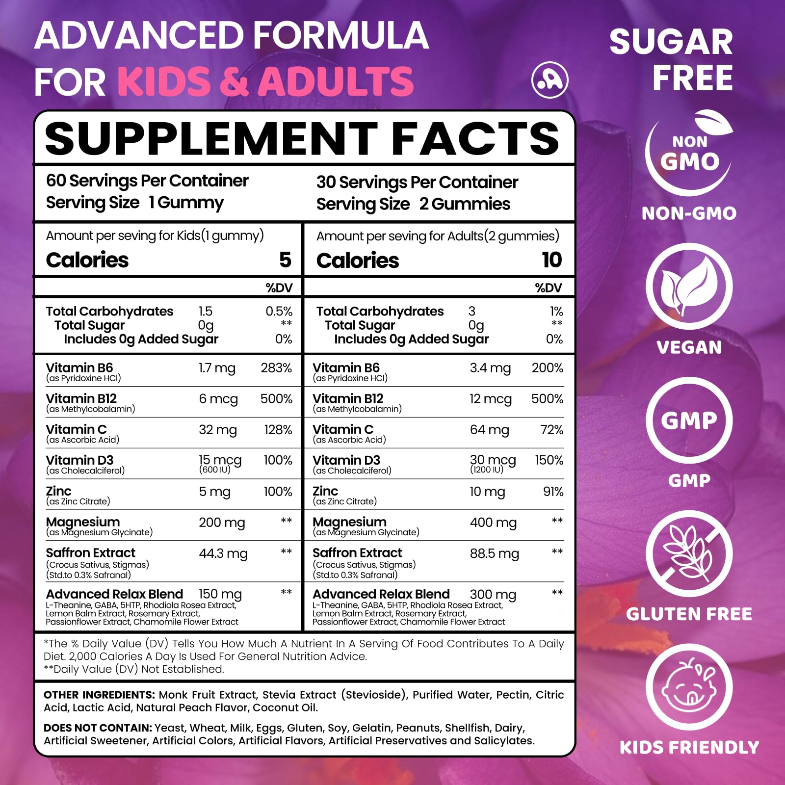 Saffron Gummies for Kids Adults 88.5mg, 15-in-1 Saffron Supplements for Kids, with B6, B12, C, D3, Magnesium Glycinate, Zinc for Nerve, Rest, Focus, Sugar Free, Vegan, Non- GMO, Peach Flavor, 60 Count - TrustMedUSA