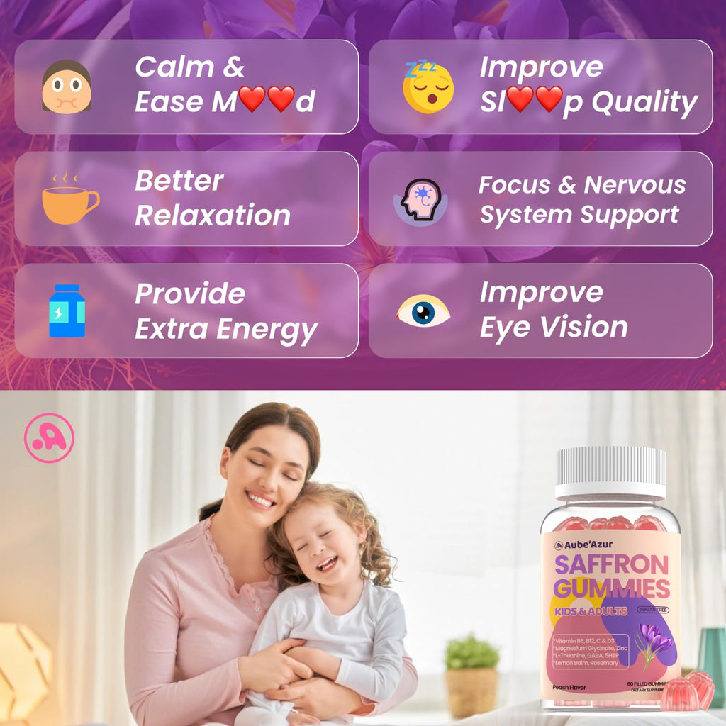 Saffron Gummies for Kids Adults 88.5mg, 15-in-1 Saffron Supplements for Kids, with B6, B12, C, D3, Magnesium Glycinate, Zinc for Nerve, Rest, Focus, Sugar Free, Vegan, Non- GMO, Peach Flavor, 60 Count - TrustMedUSA