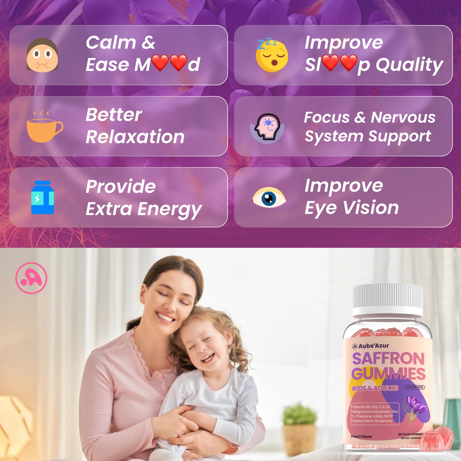 Saffron Gummies for Kids Adults 88.5mg, 15-in-1 Saffron Supplements for Kids, with B6, B12, C, D3, Magnesium Glycinate, Zinc for Nerve, Rest, Focus, Sugar Free, Vegan, Non- GMO, Peach Flavor, 60 Count - TrustMedUSA