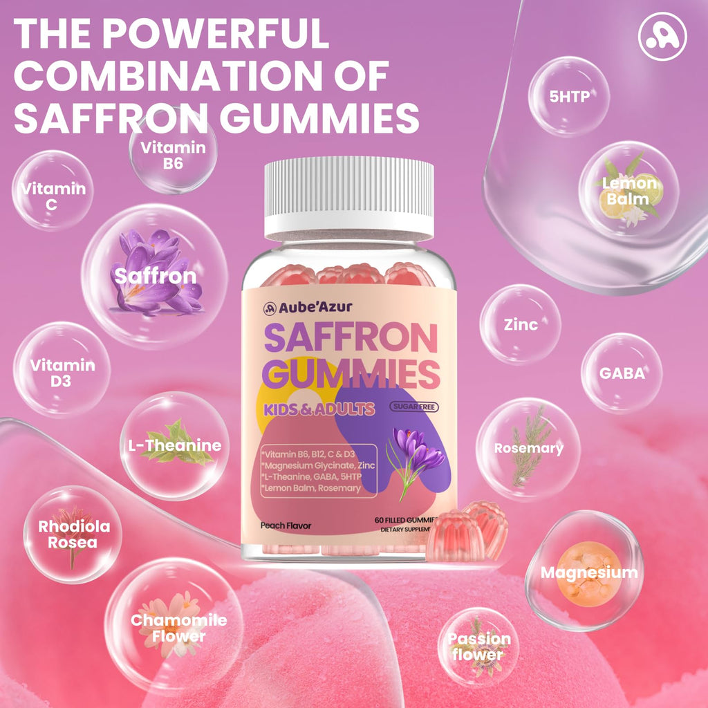 Saffron Gummies for Kids Adults 88.5mg, 15-in-1 Saffron Supplements for Kids, with B6, B12, C, D3, Magnesium Glycinate, Zinc for Nerve, Rest, Focus, Sugar Free, Vegan, Non- GMO, Peach Flavor, 60 Count - TrustMedUSA