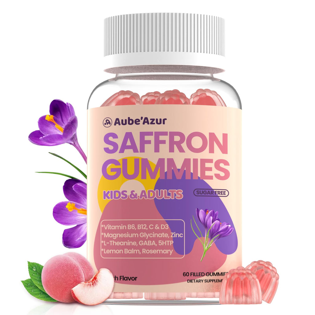 Saffron Gummies for Kids Adults 88.5mg, 15-in-1 Saffron Supplements for Kids, with B6, B12, C, D3, Magnesium Glycinate, Zinc for Nerve, Rest, Focus, Sugar Free, Vegan, Non- GMO, Peach Flavor, 60 Count - TrustMedUSA