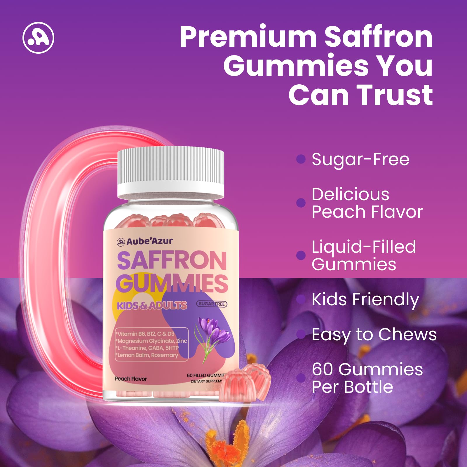 Saffron Gummies for Kids Adults 88.5mg, 15-in-1 Saffron Supplements for Kids, with B6, B12, C, D3, Magnesium Glycinate, Zinc for Nerve, Rest, Focus, Sugar Free, Vegan, Non- GMO, Peach Flavor, 60 Count - TrustMedUSA