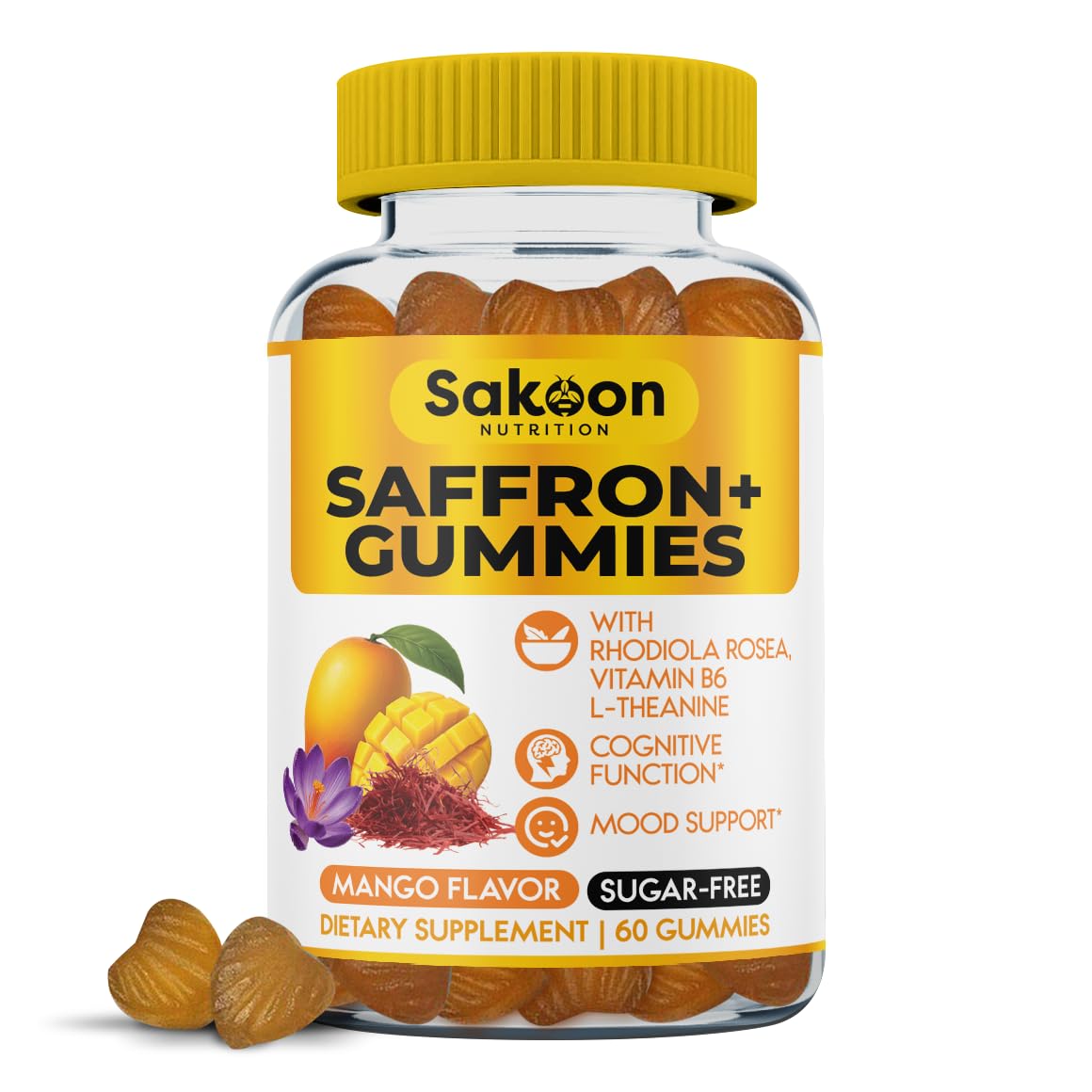Saffron Gummies for Mood Boost & Stress Relief | Saffron Extract with 150mg Rhodiola Rosea & L-Theanine | Sugar Free Mango Flavor | Focus & Energy Supplement for Women & Men | 60 Count - Maple Wellness Supplements