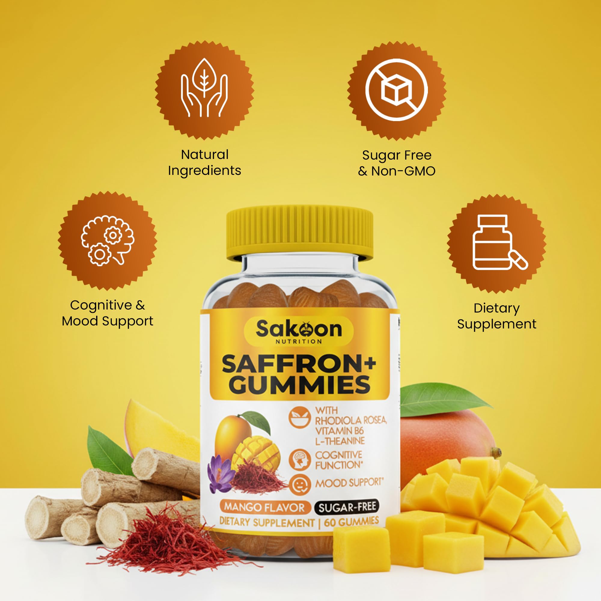 Saffron Gummies for Mood Boost & Stress Relief | Saffron Extract with 150mg Rhodiola Rosea & L-Theanine | Sugar Free Mango Flavor | Focus & Energy Supplement for Women & Men | 60 Count - Maple Wellness Supplements