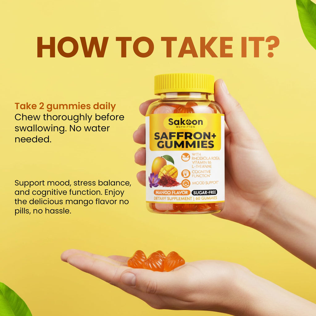 Saffron Gummies for Mood Boost & Stress Relief | Saffron Extract with 150mg Rhodiola Rosea & L-Theanine | Sugar Free Mango Flavor | Focus & Energy Supplement for Women & Men | 60 Count - Maple Wellness Supplements