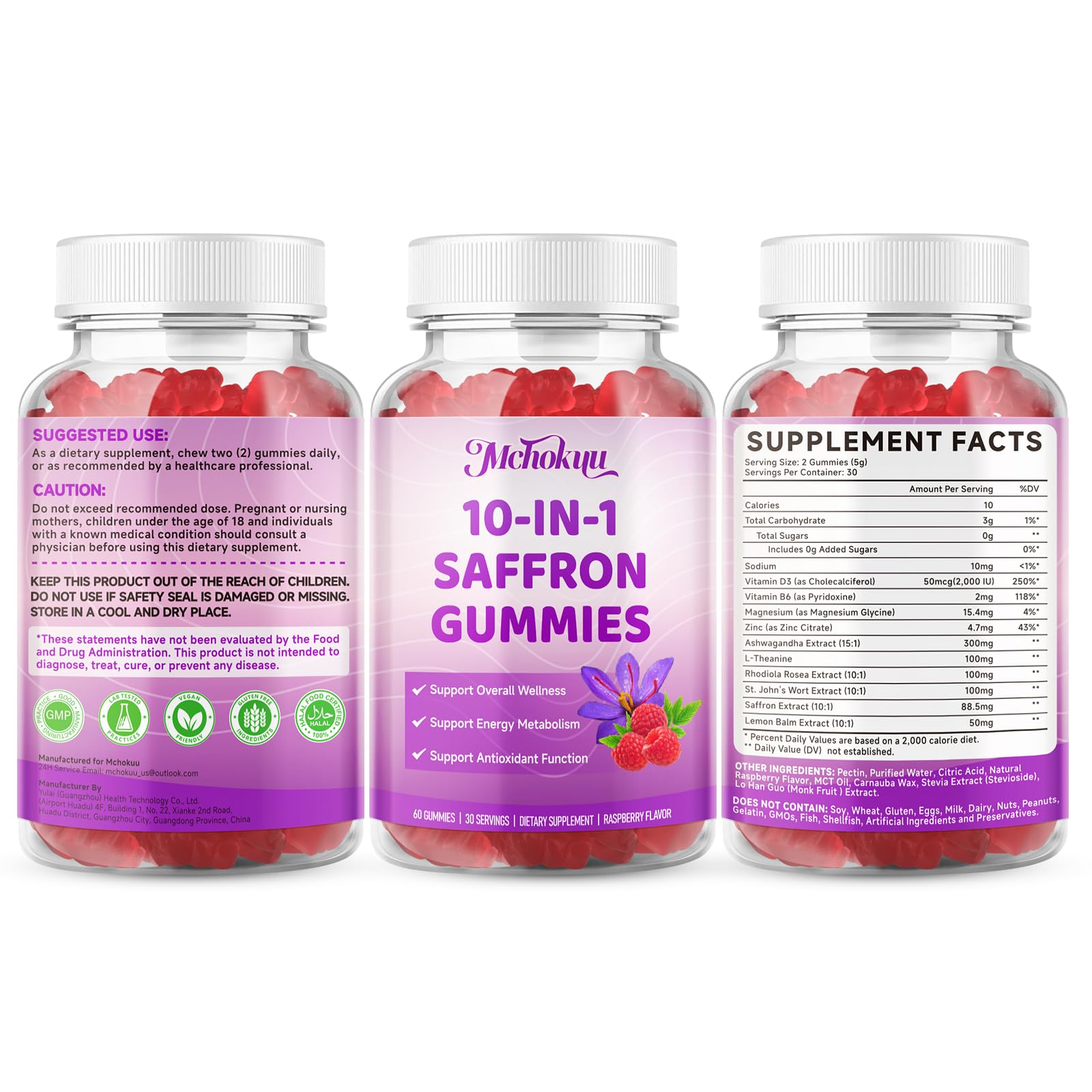 Saffron Supplement Gummies for Kids & Adults Supports Antioxidant Function with Ashwagandha, L-Theanine, Rhodiola Rosea, Lemon Balm, Vitamin D3, B6, Magnesium & Zinc – Raspberry Flavor, 60 Count - TrustMedUSA