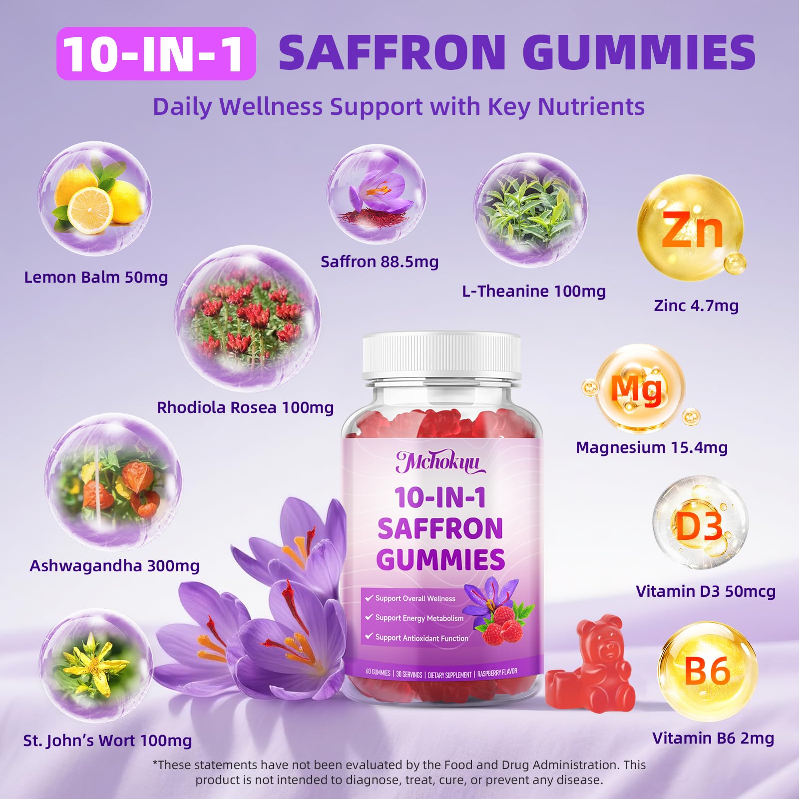 Saffron Supplement Gummies for Kids & Adults Supports Antioxidant Function with Ashwagandha, L-Theanine, Rhodiola Rosea, Lemon Balm, Vitamin D3, B6, Magnesium & Zinc – Raspberry Flavor, 60 Count - TrustMedUSA