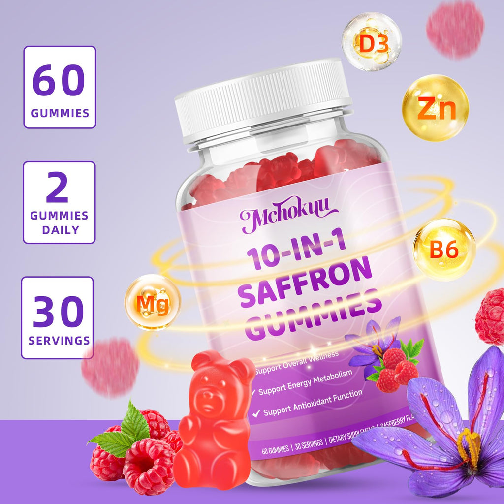 Saffron Supplement Gummies for Kids & Adults Supports Antioxidant Function with Ashwagandha, L-Theanine, Rhodiola Rosea, Lemon Balm, Vitamin D3, B6, Magnesium & Zinc – Raspberry Flavor, 60 Count - TrustMedUSA