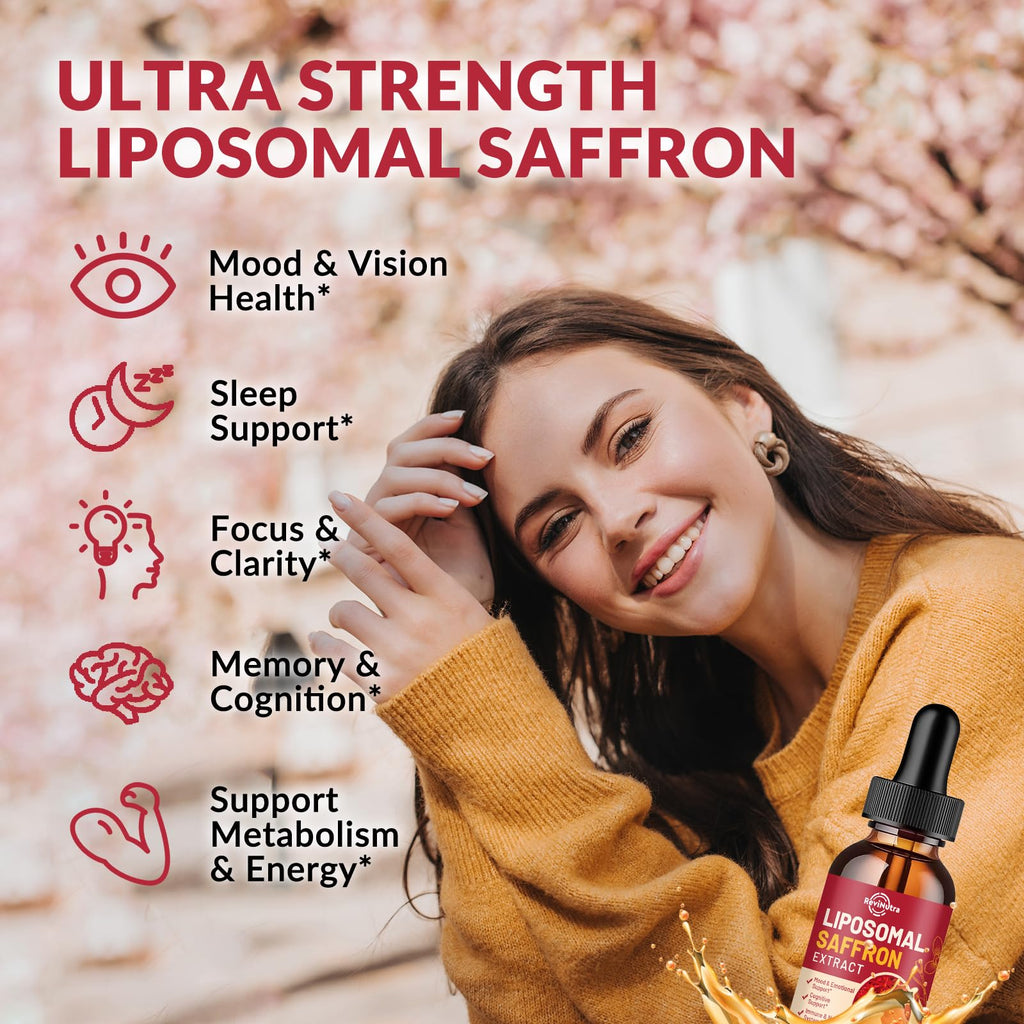 Saffron Supplements - 88.5mg Saffron Extract Liposomal Liquid Drops with Magnesium, Zinc, Ashwagandha, L-Theanine, Vitamin B6, D3 for Antioxidant Mood Energy Vision & Focus, Strawberry Flavor 2 Fl Oz - TrustMedUSA
