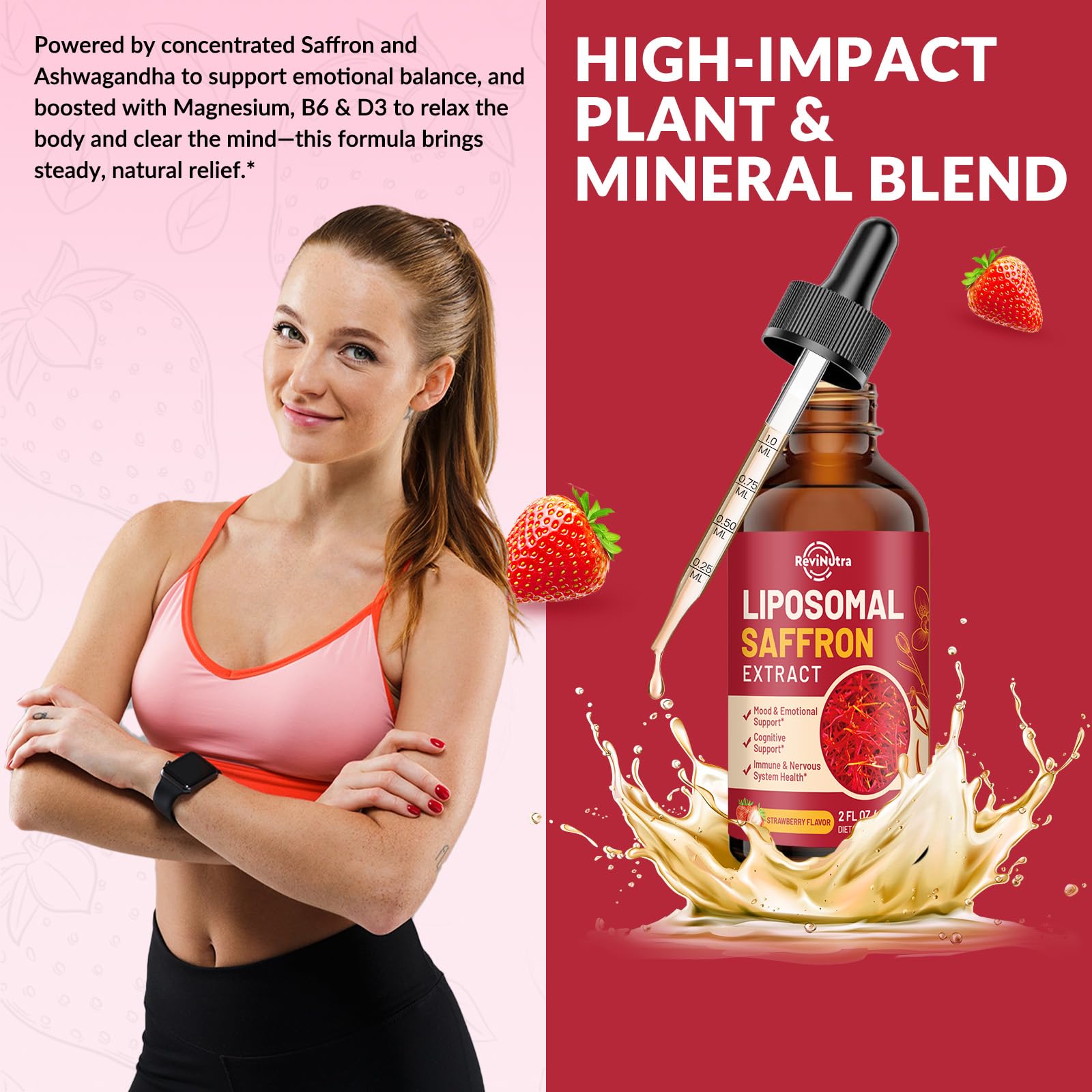 Saffron Supplements - 88.5mg Saffron Extract Liposomal Liquid Drops with Magnesium, Zinc, Ashwagandha, L-Theanine, Vitamin B6, D3 for Antioxidant Mood Energy Vision & Focus, Strawberry Flavor 2 Fl Oz - TrustMedUSA
