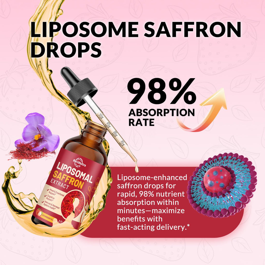 Saffron Supplements - 88.5mg Saffron Extract Liposomal Liquid Drops with Magnesium, Zinc, Ashwagandha, L-Theanine, Vitamin B6, D3 for Antioxidant Mood Energy Vision & Focus, Strawberry Flavor 2 Fl Oz - TrustMedUSA