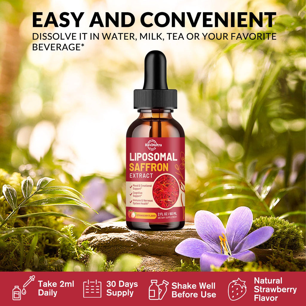 Saffron Supplements - 88.5mg Saffron Extract Liposomal Liquid Drops with Magnesium, Zinc, Ashwagandha, L-Theanine, Vitamin B6, D3 for Antioxidant Mood Energy Vision & Focus, Strawberry Flavor 2 Fl Oz - TrustMedUSA