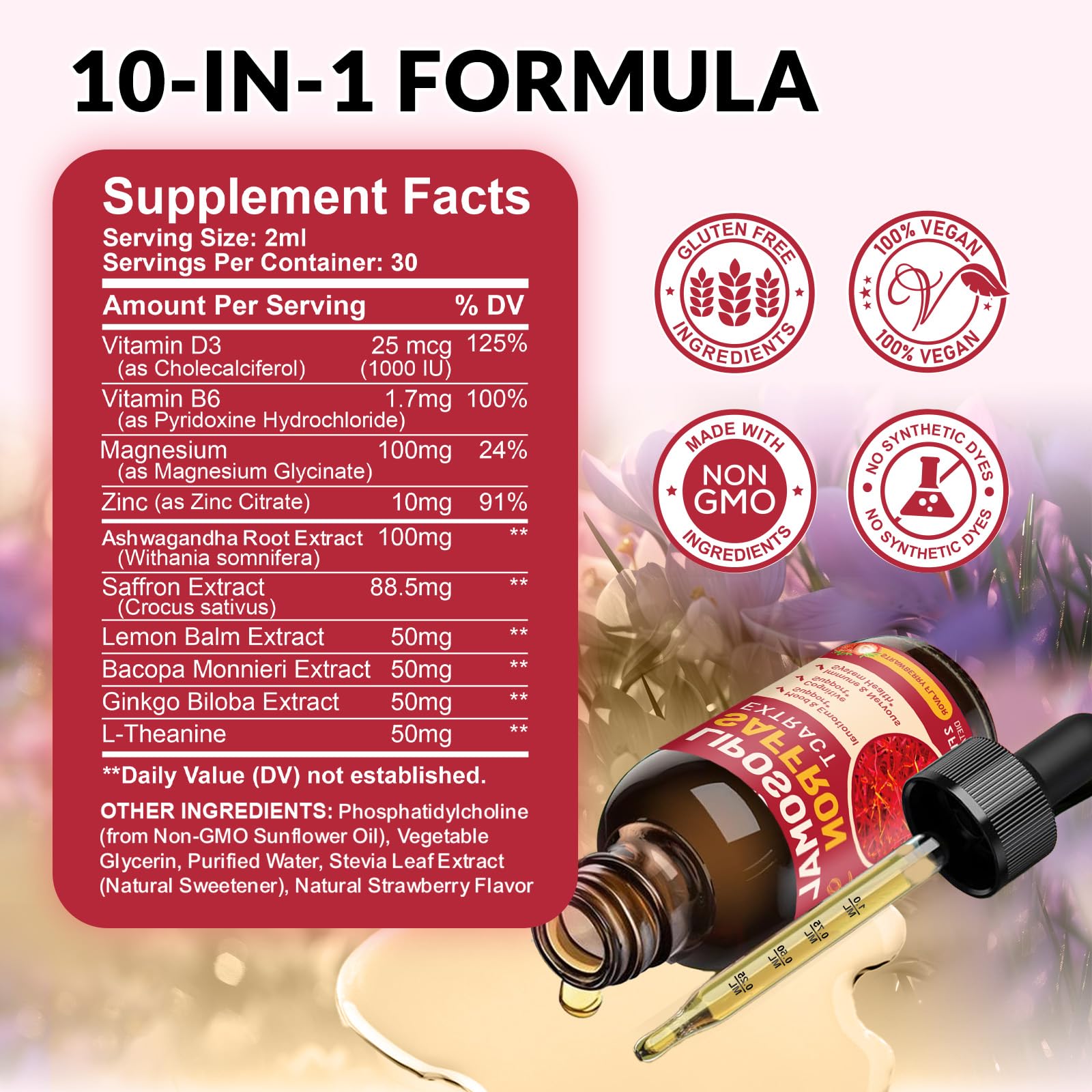 Saffron Supplements - 88.5mg Saffron Extract Liposomal Liquid Drops with Magnesium, Zinc, Ashwagandha, L-Theanine, Vitamin B6, D3 for Antioxidant Mood Energy Vision & Focus, Strawberry Flavor 2 Fl Oz - TrustMedUSA