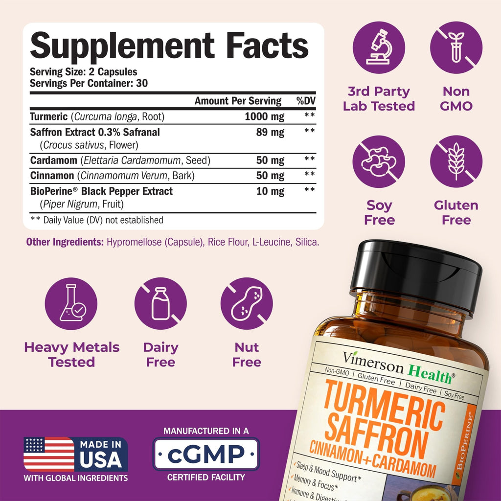 Saffron Supplements – 89mg Saffron Extract, 1000mg Turmeric Curcumin, Ceylon Cinnamon & Cardamom – Daily Mood, Joint & Metabolic Support - TrustMedUSA