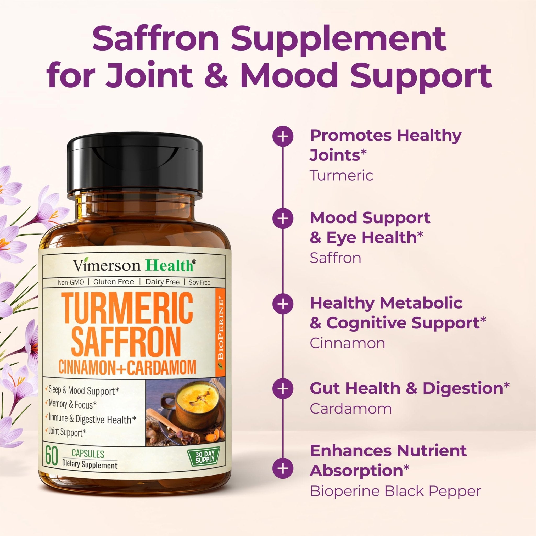 Saffron Supplements – 89mg Saffron Extract, 1000mg Turmeric Curcumin, Ceylon Cinnamon & Cardamom – Daily Mood, Joint & Metabolic Support - TrustMedUSA