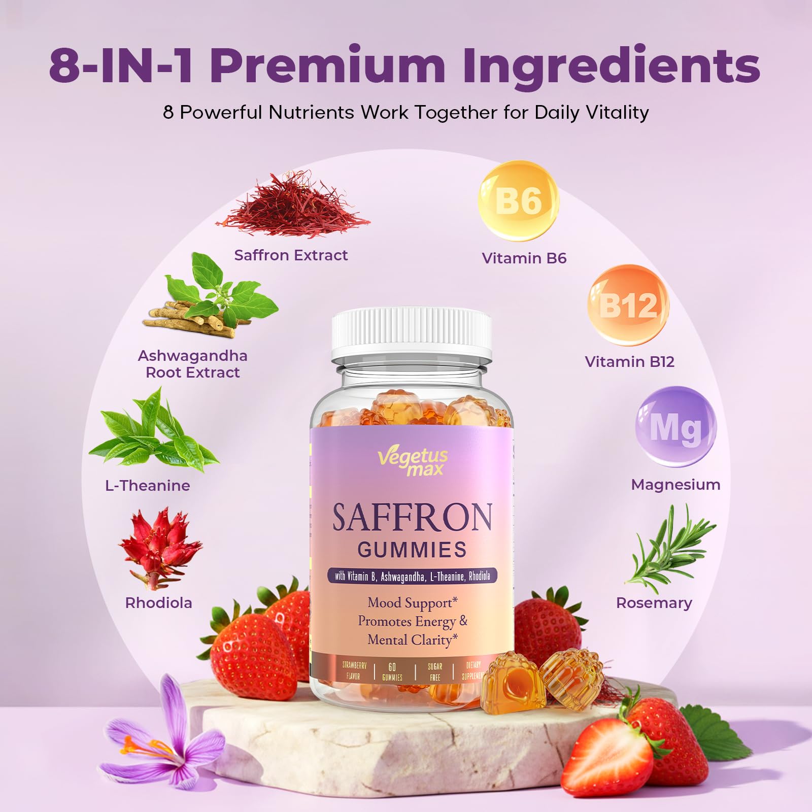 Saffron Supplements Gummies, 88.5mg Pure Saffron Extract with Ashwagandha L-Theanine Rhodiola Rosemary Magnesium Vitamin B6 B12 for Mood Focus Support Adults Kids - 60 Count - TrustMedUSA