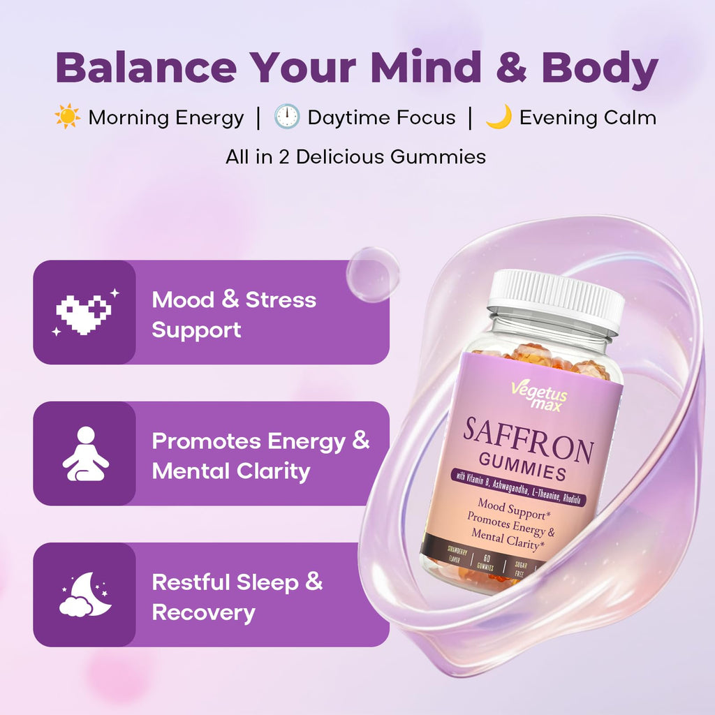 Saffron Supplements Gummies, 88.5mg Pure Saffron Extract with Ashwagandha L-Theanine Rhodiola Rosemary Magnesium Vitamin B6 B12 for Mood Focus Support Adults Kids - 60 Count - TrustMedUSA