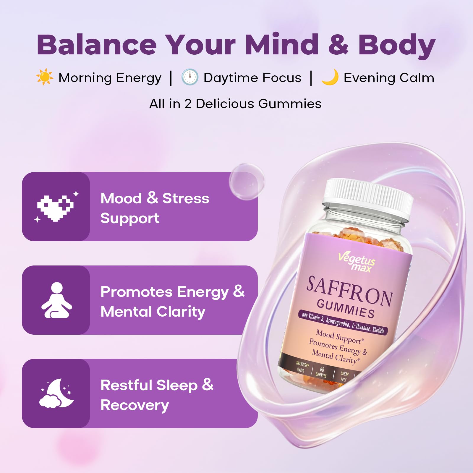 Saffron Supplements Gummies, 88.5mg Pure Saffron Extract with Ashwagandha L-Theanine Rhodiola Rosemary Magnesium Vitamin B6 B12 for Mood Focus Support Adults Kids - 60 Count - TrustMedUSA