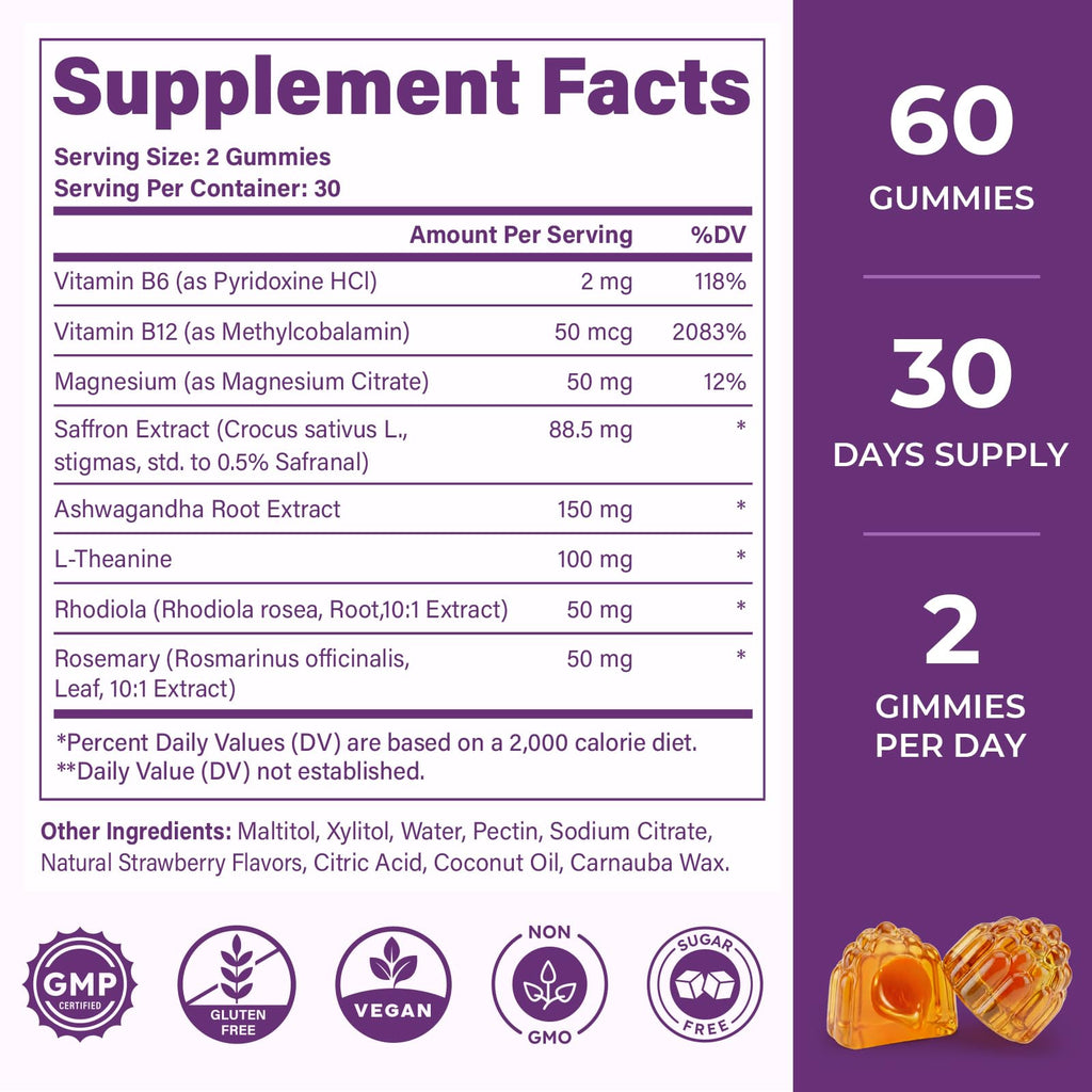 Saffron Supplements Gummies, 88.5mg Pure Saffron Extract with Ashwagandha L-Theanine Rhodiola Rosemary Magnesium Vitamin B6 B12 for Mood Focus Support Adults Kids - 60 Count - TrustMedUSA