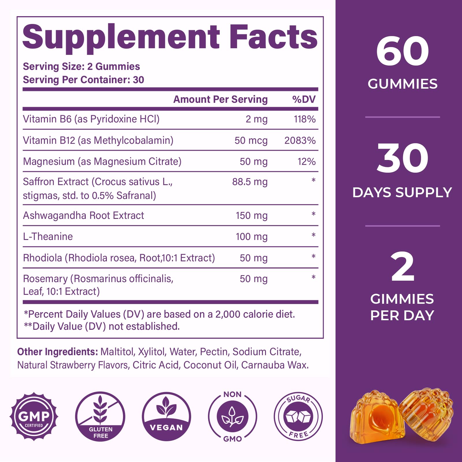 Saffron Supplements Gummies, 88.5mg Pure Saffron Extract with Ashwagandha L-Theanine Rhodiola Rosemary Magnesium Vitamin B6 B12 for Mood Focus Support Adults Kids - 60 Count - TrustMedUSA