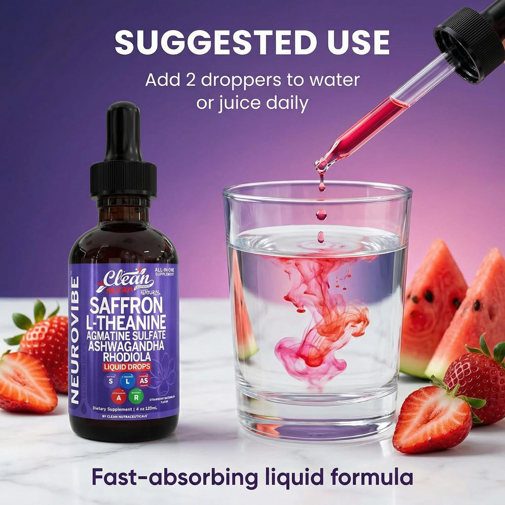Saffron Supplements Liquid Drops L-Theanine Agmatine Sulfate Ashwagandha Magnesium Glycinate B6 Magnesium Stress Relief Mood Support 5-HTP GABA Supplement Vitamin D 4oz by Clean Nutra - Maple Wellness Supplements