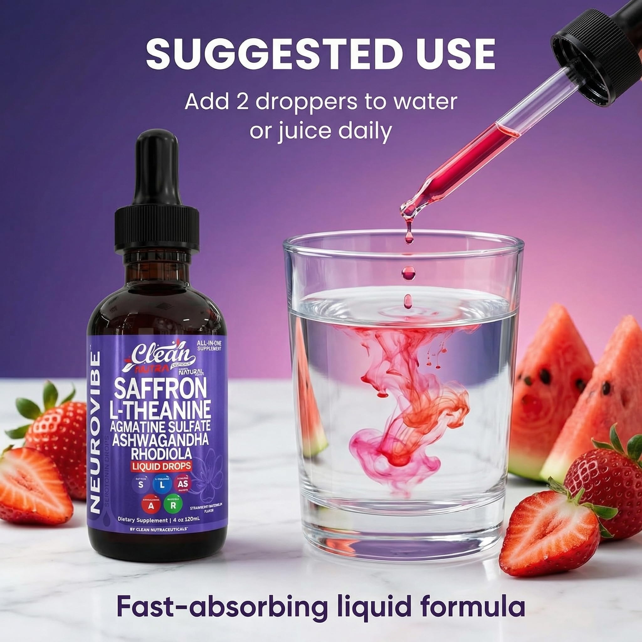 Saffron Supplements Liquid Drops L-Theanine Agmatine Sulfate Ashwagandha Magnesium Glycinate B6 Magnesium Stress Relief Mood Support 5-HTP GABA Supplement Vitamin D 4oz by Clean Nutra - Maple Wellness Supplements