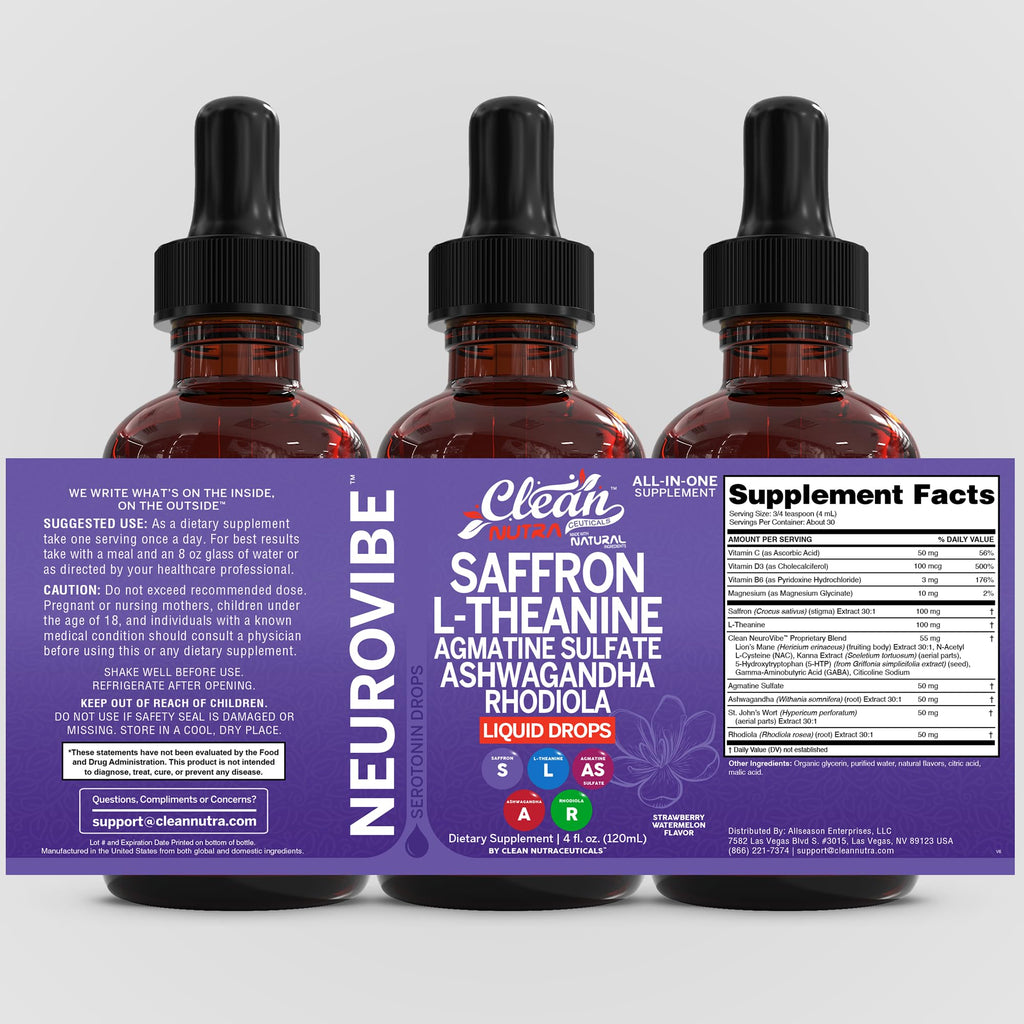 Saffron Supplements Liquid Drops L-Theanine Agmatine Sulfate Ashwagandha Magnesium Glycinate B6 Magnesium Stress Relief Mood Support 5-HTP GABA Supplement Vitamin D 4oz by Clean Nutra - Maple Wellness Supplements