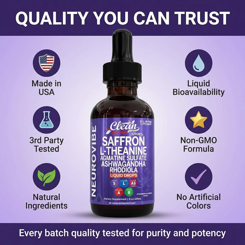 Saffron Supplements Liquid Drops L-Theanine Agmatine Sulfate Ashwagandha Magnesium Glycinate B6 Magnesium Stress Relief Mood Support 5-HTP GABA Supplement Vitamin D 4oz by Clean Nutra - Maple Wellness Supplements