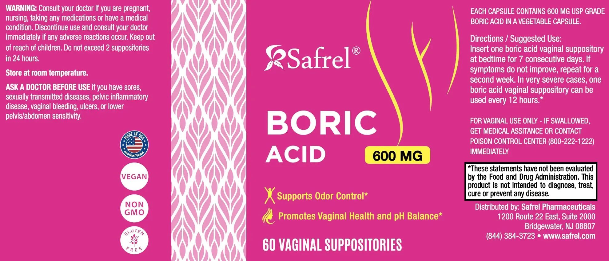 Safrel Boric Acid Vaginal Suppositories - 100% Pure Made in USA - Intimate Health Support, Vaginal Health and pH, Odor Control (60 Count) - TrustMedUSA