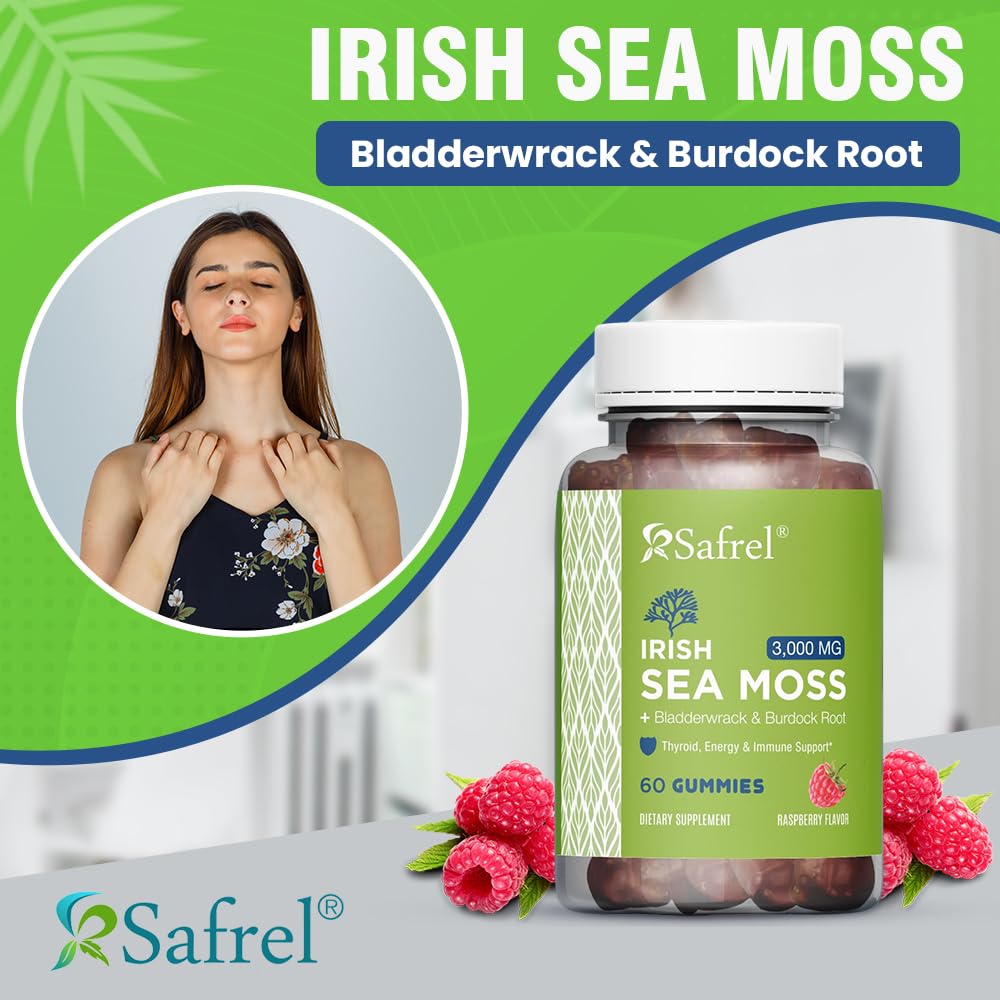 Safrel Irish Sea Moss Gummies 3000mg with Bladderwrack and Burdock Root, Thyroid Energy and Immune Support, Vegan Raspberry Flavor, 60 Gummies - TrustMedUSA