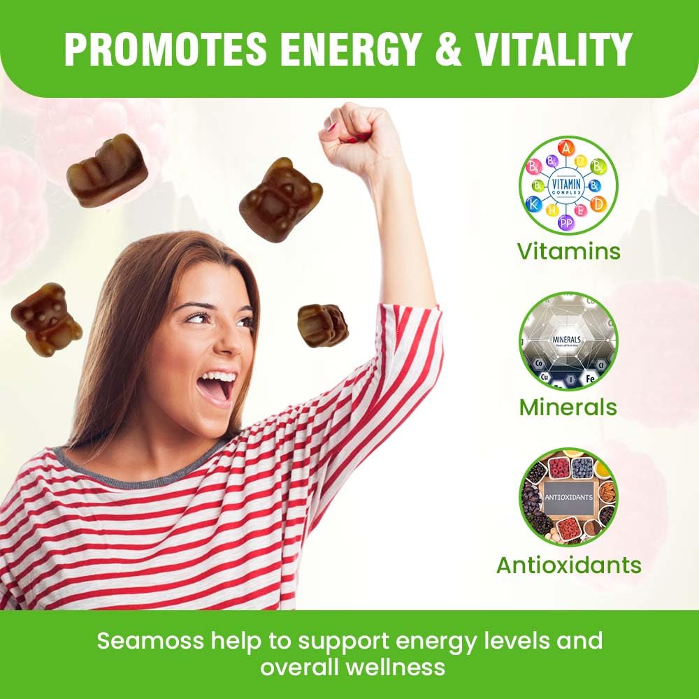 Safrel Irish Sea Moss Gummies 3000mg with Bladderwrack and Burdock Root, Thyroid Energy and Immune Support, Vegan Raspberry Flavor, 60 Gummies - TrustMedUSA