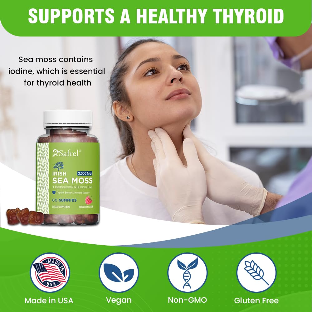Safrel Irish Sea Moss Gummies 3000mg with Bladderwrack and Burdock Root, Thyroid Energy and Immune Support, Vegan Raspberry Flavor, 60 Gummies - TrustMedUSA