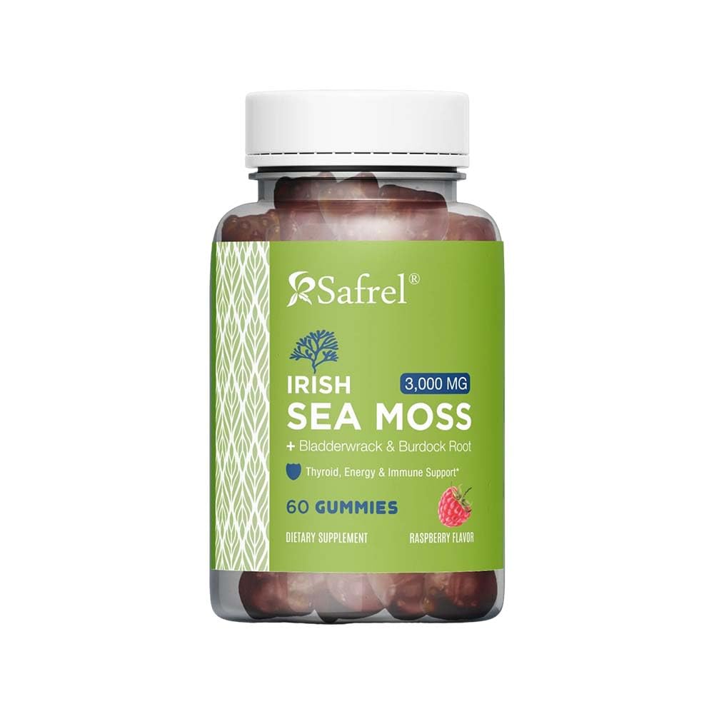 Safrel Irish Sea Moss Gummies 3000mg with Bladderwrack and Burdock Root, Thyroid Energy and Immune Support, Vegan Raspberry Flavor, 60 Gummies - TrustMedUSA